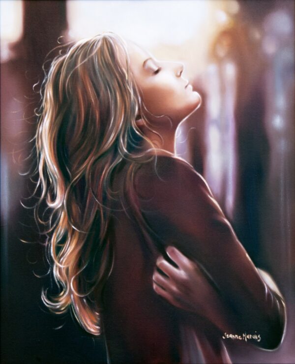 Jody - Giclée print of oil painting of a woman with long wavy hair, eyes closed, embracing herself in soft light, conveying peace and introspection