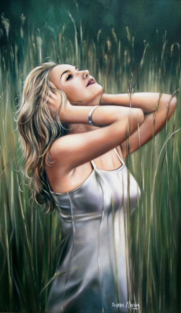 Joy - Giclée print of oil painting of a woman in a white dress standing in tall grass, smiling, hands holding her head. The scene conveys tranquility and joy in nature
