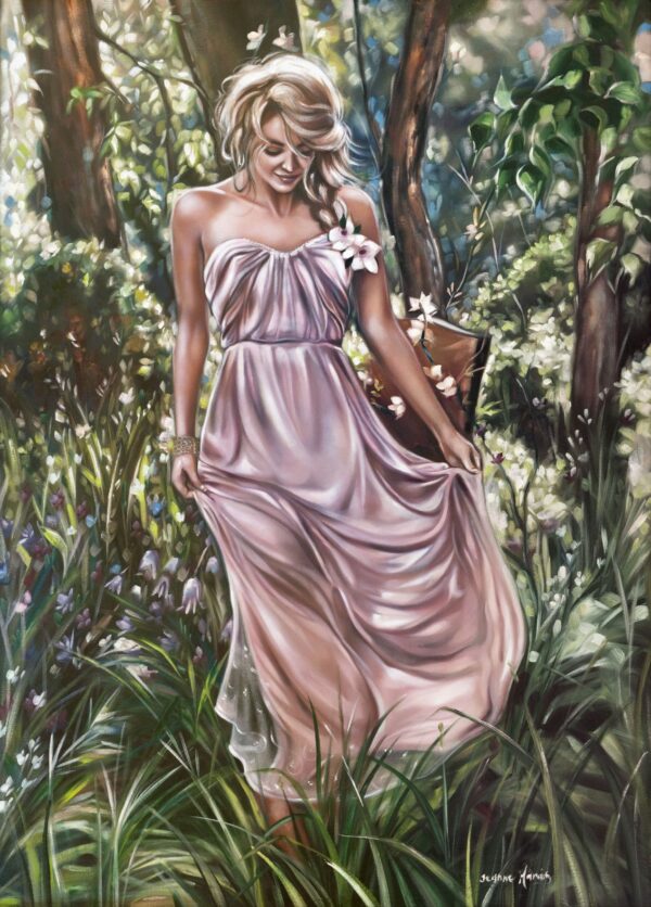 Knowing - Giclée print of oil painting of a woman in a flowing pink dress walking through a sunlit forest glade, surrounded by green foliage and flowers. She appears serene and joyful