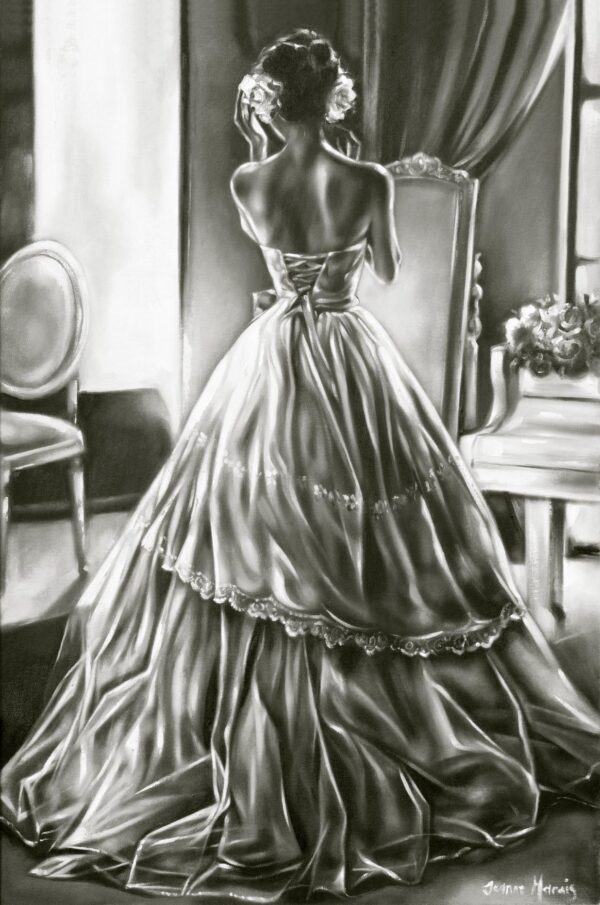 Last Touch - Giclée print of black and white oil painting of a woman in an elegant gown facing a mirror, adjusting her hair. The scene conveys a sense of grace and anticipation, in a softly lit, vintage room