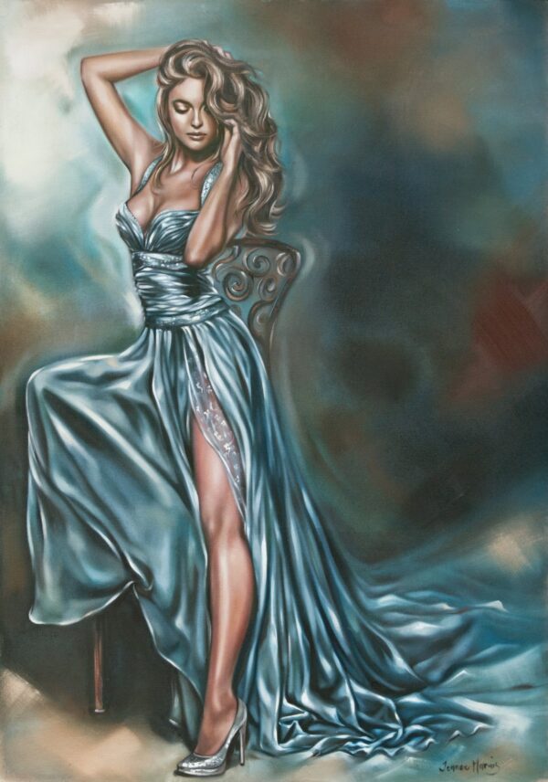 Latin Blue - Giclée print of oil painting of a woman in a blue satin gown sitting elegantly on a chair, her eyes closed. Her hand rests in her flowing hair, conveying grace and serenity