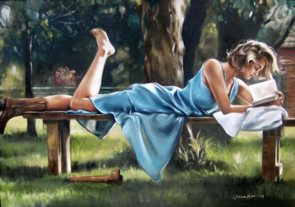 Lazy Afternoon - Giclée print of oil painting of a woman in a blue dress lying on a bench, reading a book in a sunlit garden. Her relaxed pose and serene expression convey tranquility and leisure