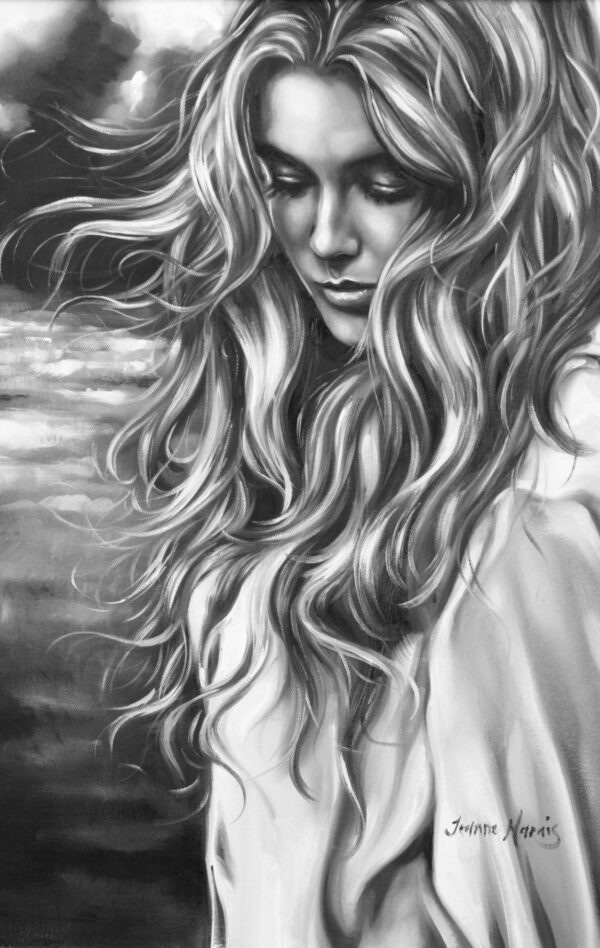 Lighter Storm - Giclée print of black and white oil painting of a woman with long, flowing hair gazing downward thoughtfully. The background suggests a stormy sky, adding a serene yet somber mood