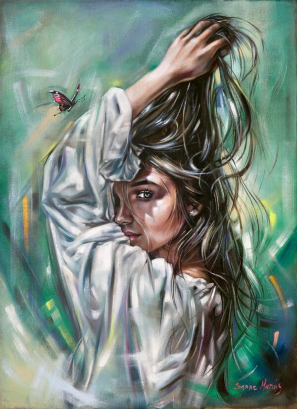 Lightly - Giclée print of oil painting of a woman with long hair and a white blouse gazing intensely to the side. A butterfly hovers near her against a blurred green background