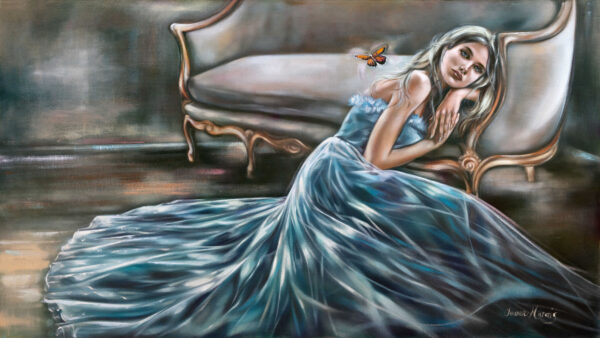 Lindi - Giclée print of oil painting of a woman in a flowing blue dress leaning against an ornate sofa, gazing softly. A butterfly flutters nearby, creating a serene, dreamlike atmosphere
