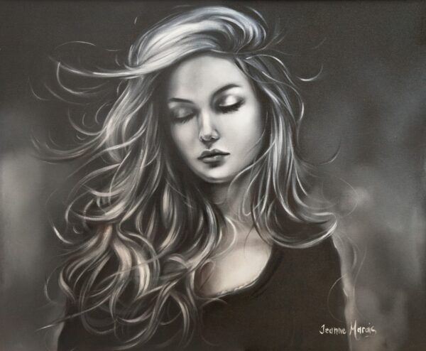 Little Doubt - Giclée print of monochrome oil painting of a woman with long, flowing hair and closed eyes, set against a soft, blurred background, conveying serenity and introspection