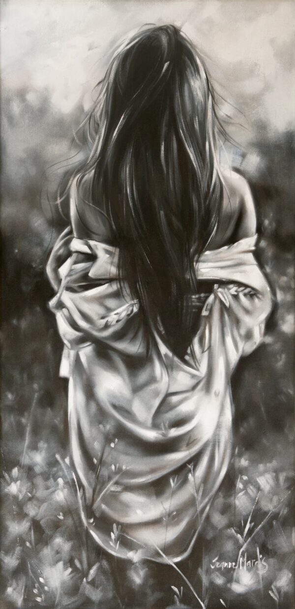 Love Over - Giclée print of monochrome oil painting of a woman from behind, draped in a loose fabric, standing in a field. Her long hair flows gently, evoking a calm, contemplative mood