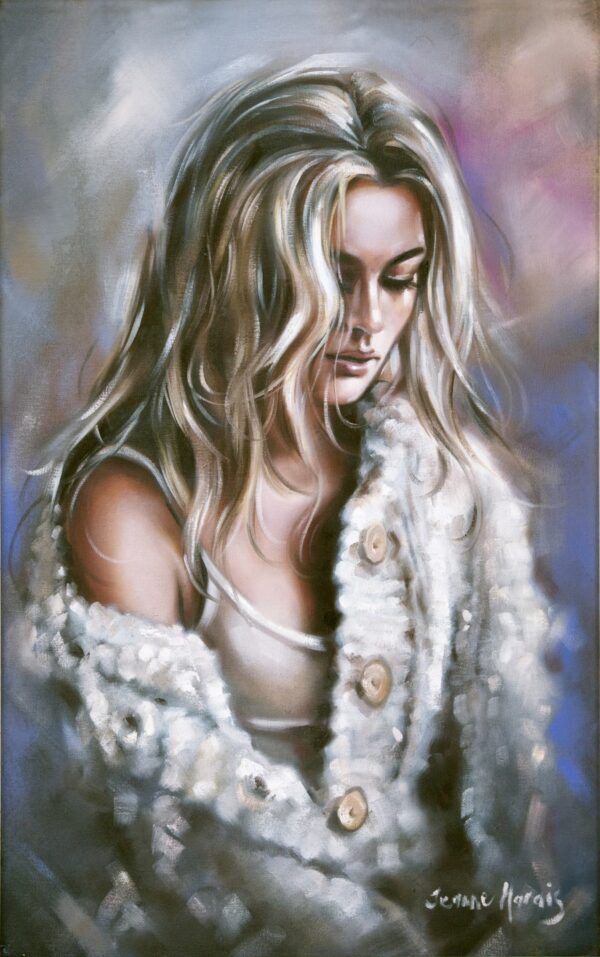 Making Sense - Giclée print of oil painting of a woman with long blonde hair, wearing a textured white coat. She gazes downwards, exuding a serene and contemplative mood against a soft, blurred background