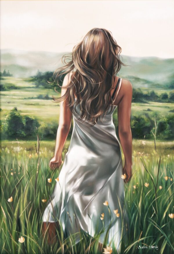 Marinell - Giclée print of oil painting of a woman with long hair in a flowing white dress standing in a lush meadow, surrounded by tall grass and wildflowers, facing distant rolling hills