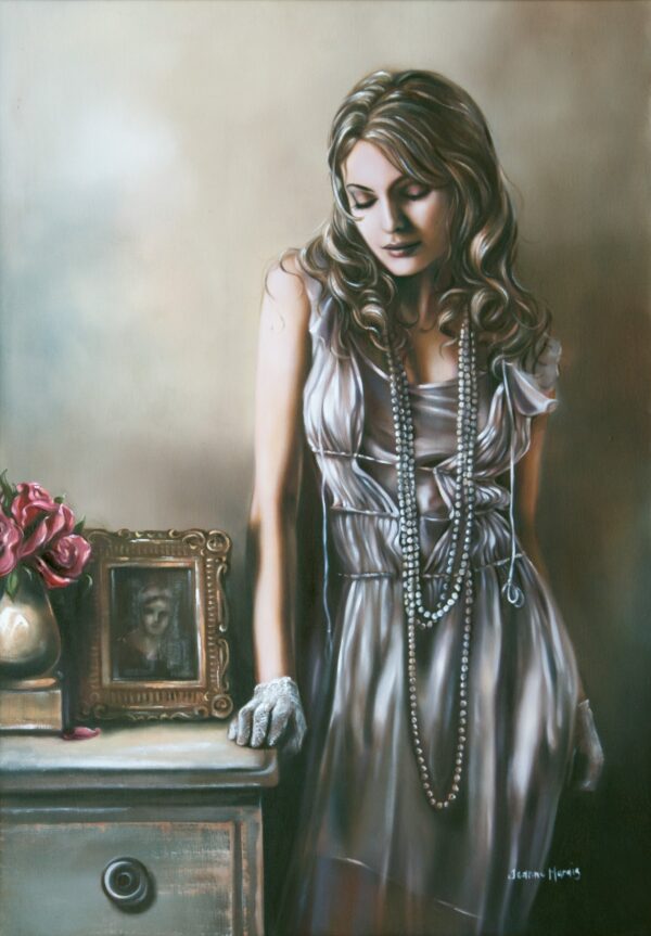 Memories - Giclée print of oil painting of a woman in an elegant dress standing beside a vintage dresser. She wears long pearls and gloves, gazing down with a serene expression. Nearby are roses and a framed photo, creating a nostalgic atmosphere
