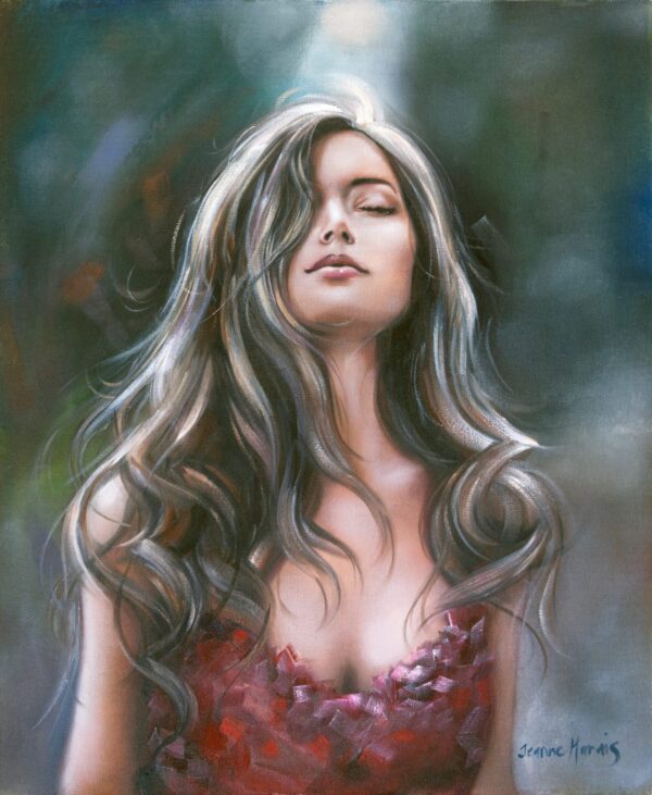 Miracle Match - Giclée print of oil painting of a serene woman with long flowing hair standing with eyes closed, wearing a textured red dress. Soft light illuminates her face against a blurred, dark background