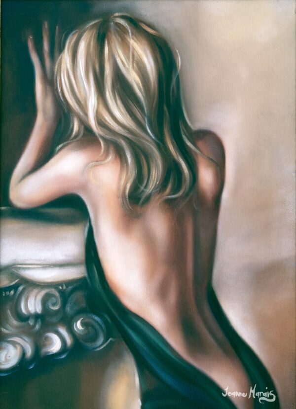 Misgivings - Giclée print of oil painting of a woman with blonde hair, back facing the viewer. She leans on an ornate, spiraled column, draped in a dark fabric. The tone is intimate