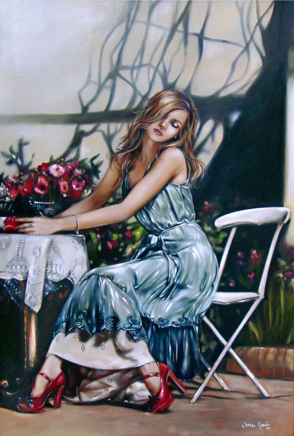 Mod Vintage - Giclée print of oil painting of a woman in a flowing blue dress sitting serenely by a floral table outdoors. She leans on her elbow, with red shoes, exuding a calm, contemplative mood
