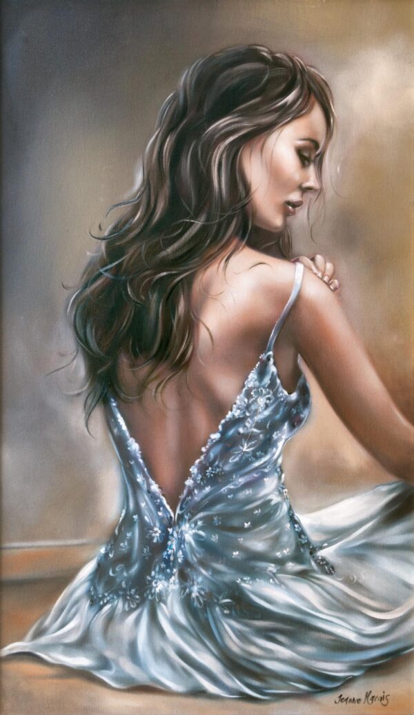 Modest Vanity - Giclée print of oil painting of a woman with long, wavy hair in a silky, light blue gown sitting gracefully. The gown is adorned with floral patterns. The mood is serene and reflective