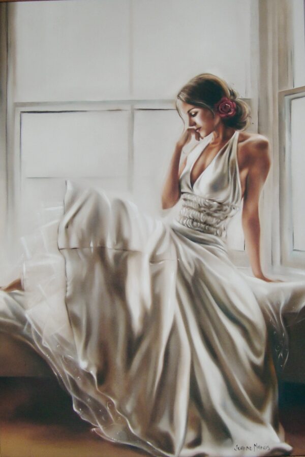 Monine - Giclée print of oil painting of a woman in an elegant white dress sitting on a window ledge, looking thoughtful. The soft light creates a serene, introspective atmosphere