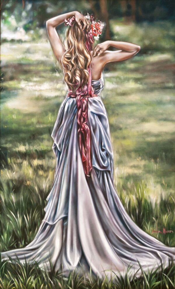 Morning Breeze - Giclée print of oil painting of a woman in a flowing silver dress standing in tall grass, back turned, adjusting a flower crown. Her long hair cascades gracefully, creating a serene, dreamy atmosphere