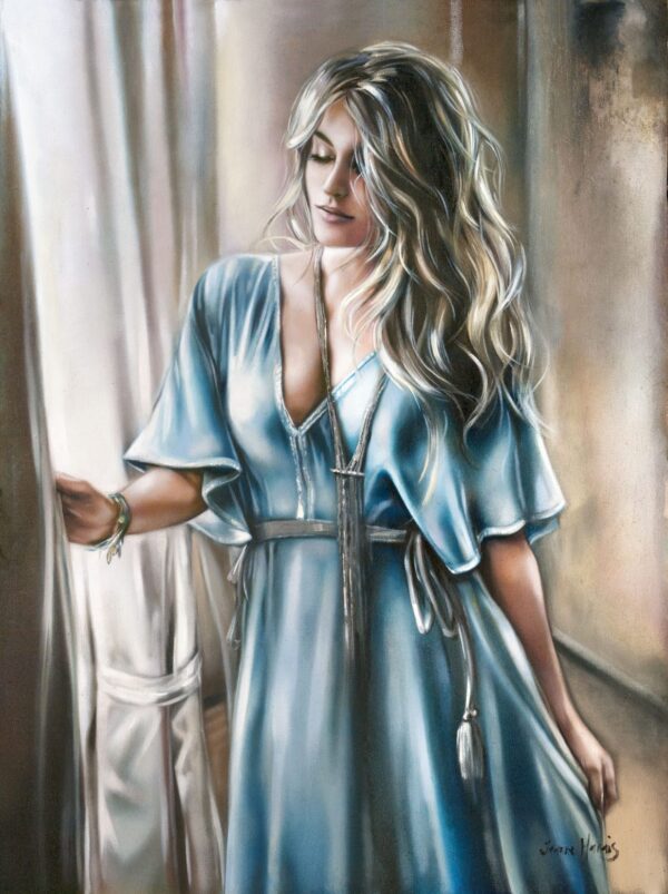 Near Miss - Giclée print of oil painting of a woman in a flowing blue dress standing by a window, her wavy hair cascading over her shoulders. She gazes down softly, evoking a serene atmosphere