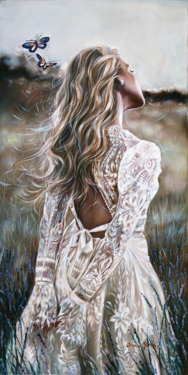 New Beginning - Giclée print of oil painting of a woman in a lace dress standing in a field, back to the viewer, with long, wavy hair. Butterflies flutter around her, evoking a serene, dreamy mood