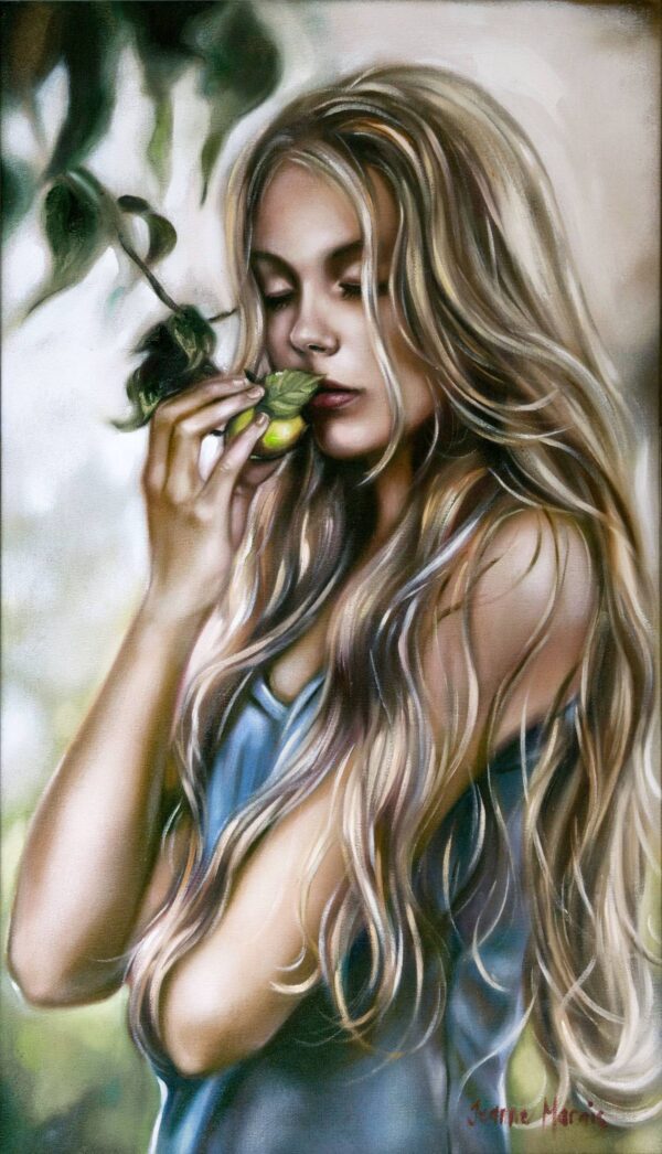 New Love - Giclée print of oil painting of a woman with long, wavy hair gently touching a green leaf to her lips, her eyes closed. The background is soft-focus greenery, conveying a serene, reflective mood