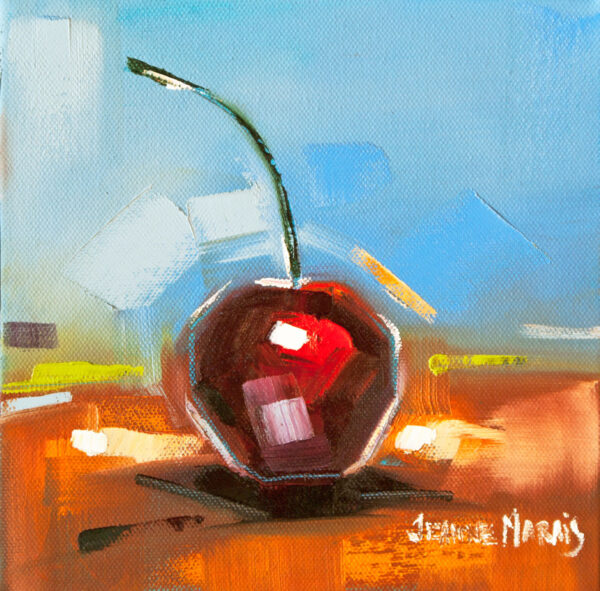 One Cherry - Giclée print of a vibrant impressionistic painting of a cherry with a green stem on a colorful background. Bold brushstrokes and contrasting colors convey a lively, energetic mood