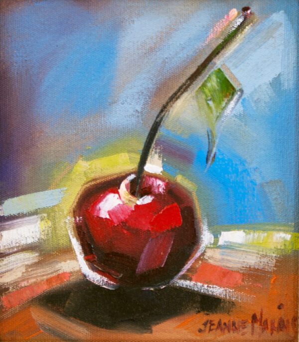 One Cherry Lone - Giclée print of a vibrant painting of a single, glossy red cherry with a stem and leaf against a textured, colorful background. Energetic brushstrokes evoke a lively mood