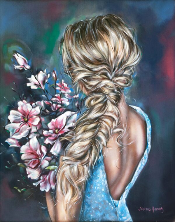 Only a Season - Giclée print of oil painting of a woman with long blonde hair in a braid, wearing a blue dress with an open back, holding pink flowers. The colorful background adds a dreamy feel