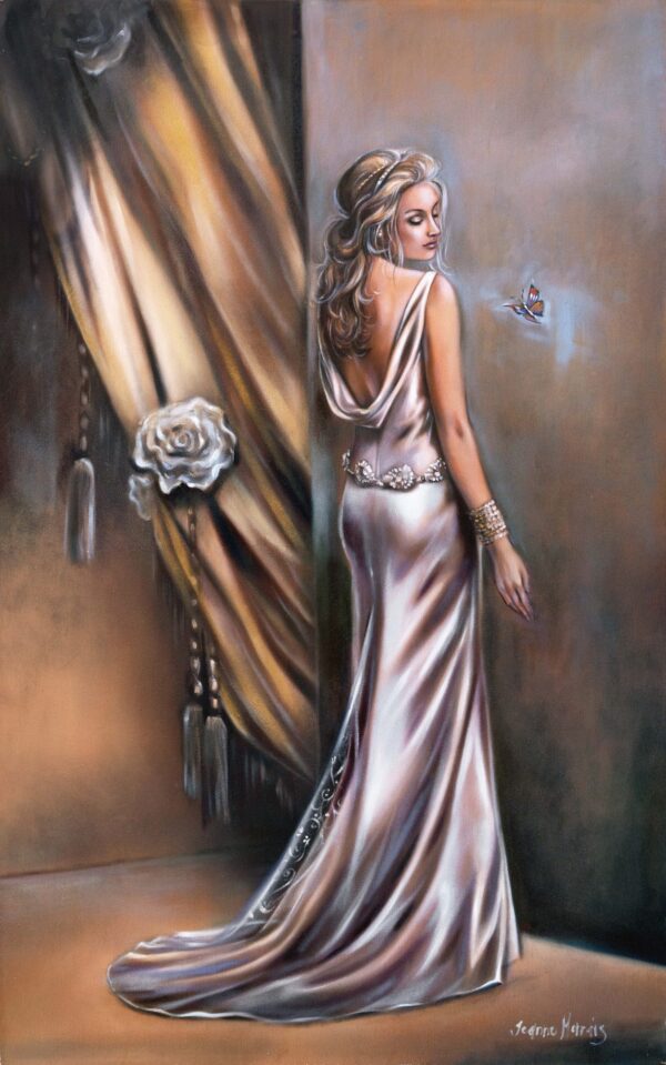 Onstage - Giclée print of oil painting of a woman in an elegant satin dress standing by a wall, looking at a butterfly. Gold and brown drapery with white roses enhances the sophisticated setting