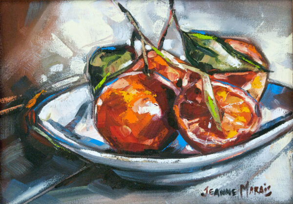 Orange season - Giclée print of a still life painting of oranges on a white plate, with leaves and stems attached. The bold brushstrokes create a lively, dynamic feel