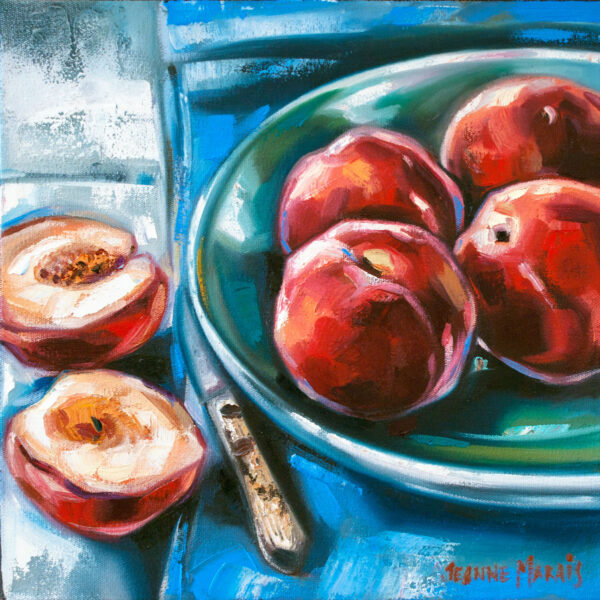 Peach Season - Giclée print of a vibrant painting of a green bowl filled with red peaches on a blue surface. Beside it, two halved peaches and a knife add rustic charm