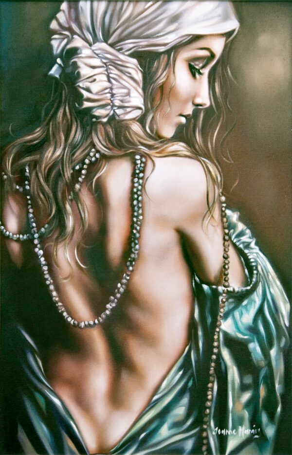 Pearl Fortune - Giclée print of oil painting of a woman with wavy hair and draped in pearls standing with her back exposed. She has a white headscarf and a contemplative expression, set against a dark background