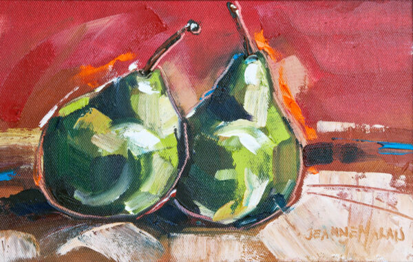 Pears - Giclée print of an impressionistic painting of two green pears with brown stems set against a textured, warm red and orange background. The brushstrokes are bold, conveying a lively tone