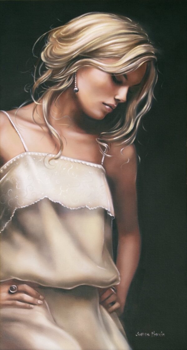 Pending Love - Giclée print of oil painting of a woman with wavy blonde hair looking down pensively, wearing a delicate, embroidered cream top. The painting evokes a calm and introspective mood