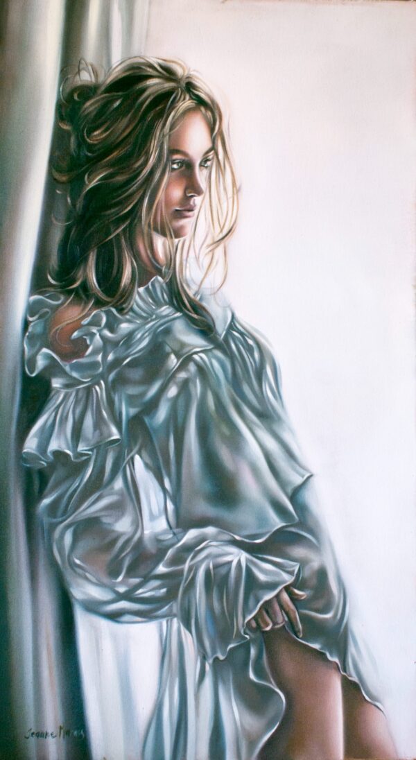 Plans for Me - Giclée print of oil painting of a woman with tousled hair gazing softly out of the frame. She is wearing a flowing, translucent white blouse. The mood is calm and contemplative