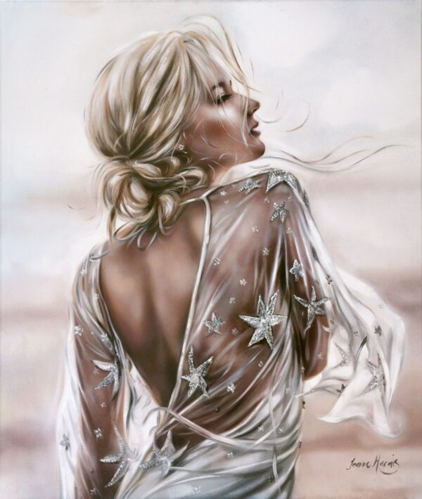 Rania - Giclée print of oil painting of a woman with blonde hair in a loose updo, wearing a sheer gown adorned with sparkling stars. She looks over her shoulder against a soft, dreamy background