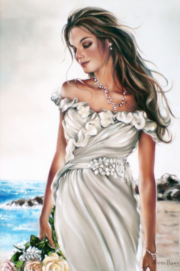 Reflections - Giclée print of oil painting of a woman in a flowing white dress adorned with floral details gazing downward by the sea. Her long hair and elegant jewelry evoke a serene and romantic mood