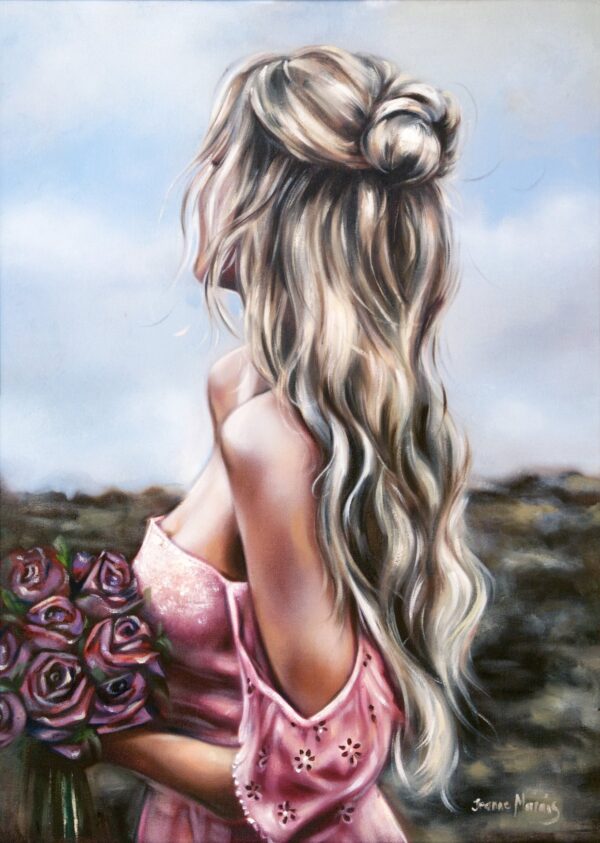 Reluctant Trust - Giclée print of oil painting of a woman with long blonde hair, viewed from the side, holding a bouquet of roses. She wears a pink dress and stands against a cloudy sky, creating a serene and romantic mood