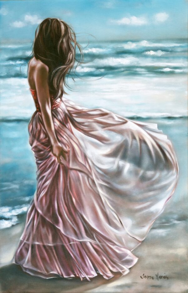 Renewal - Giclée print of oil painting of a woman in a flowing pink dress standing on a beach, her back to the viewer. Her hair blows in the wind as she gazes at the serene blue ocean