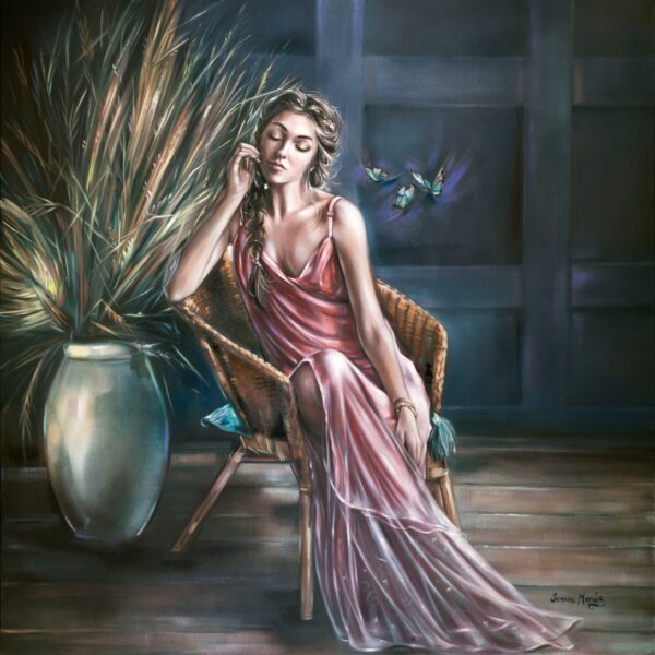 Restless Hope - Giclée print of oil painting of a woman in a flowing pink dress sitting gracefully in a wicker chair, eyes closed, surrounded by tall plants and butterflies, creating a serene and dreamy atmosphere