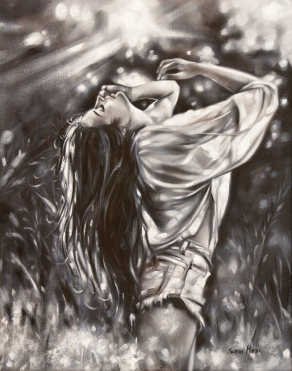 Revive - Giclée print of grayscale oil painting of a woman with long hair and closed eyes, arms raised joyfully. Sunlight filters through trees