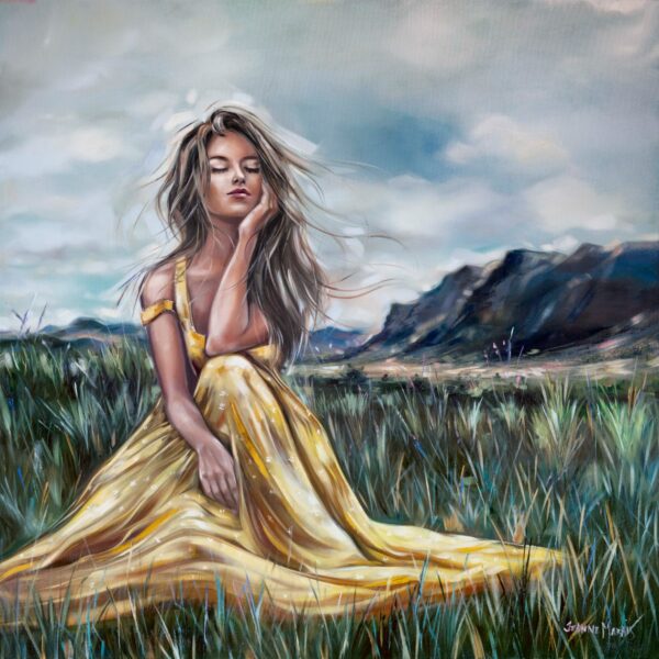 Safe Heart - Giclée print of oil painting of a serene woman in a flowing yellow dress sitting in a grassy field. She looks peaceful, eyes closed, with mountains and a cloudy sky in the background