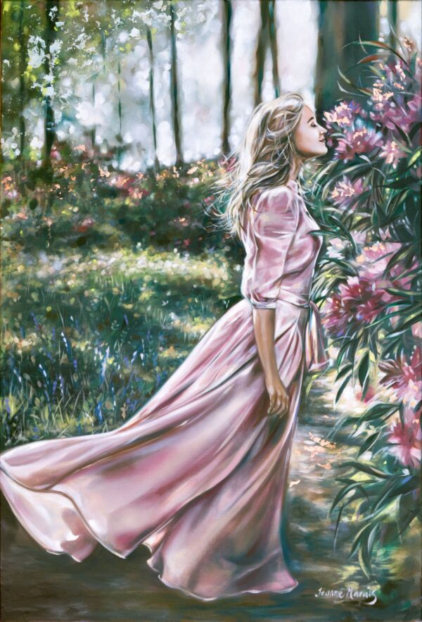 Scent of Hope - Giclée print of oil painting of a woman in a flowing pink dress standing in a sunlit forest, smelling vibrant pink flowers. The scene conveys tranquility and connection with nature