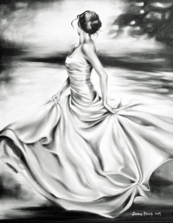 Second Throughts - Giclée print of Black and white oil painting of a woman in a flowing gown, viewed from behind, seemingly dancing. The scene feels graceful and serene with blurred background