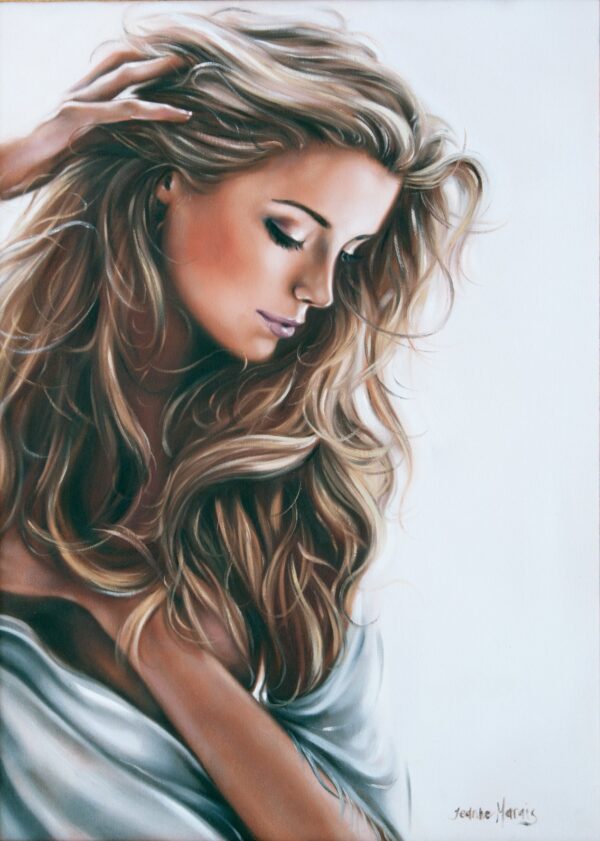 Senses - Giclée print of oil painting of a serene woman with flowing, wavy blonde hair and closed eyes. Her hand rests on her head, and she wears a white draped cloth