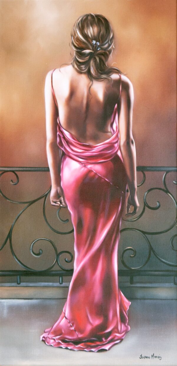 Sensuous - Giclée print of oil painting of a woman in a deep pink, backless dress standing on a balcony with ornate railing, looking away. Soft lighting creates a serene, elegant atmosphere