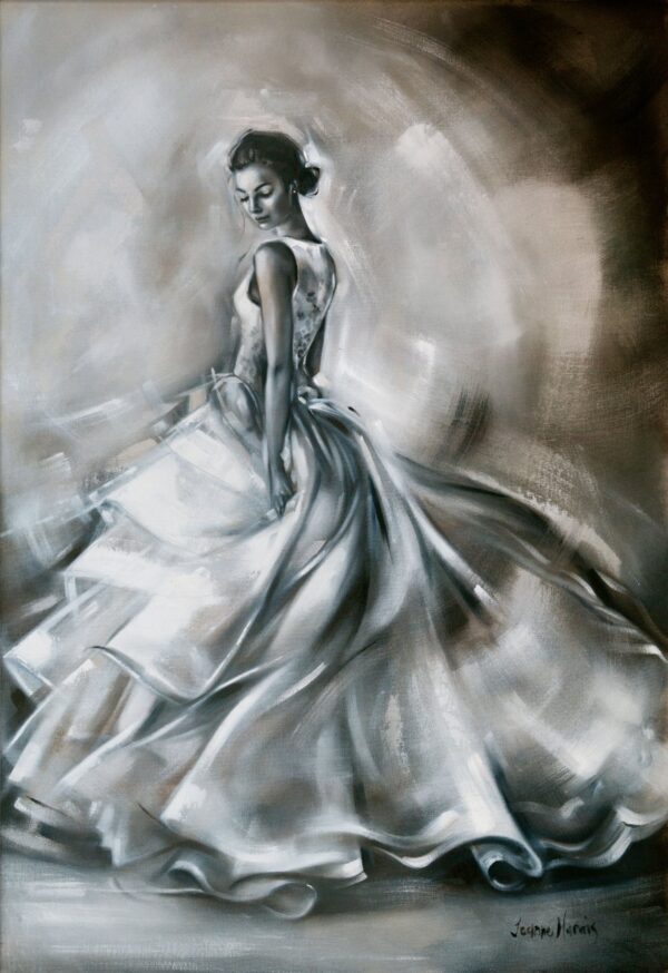 Showgirl - Giclée print of monochrome oil painting of a graceful ballerina in a flowing white dress, captured mid-twirl. The painting exudes elegance and movement, with soft, swirling brushstrokes