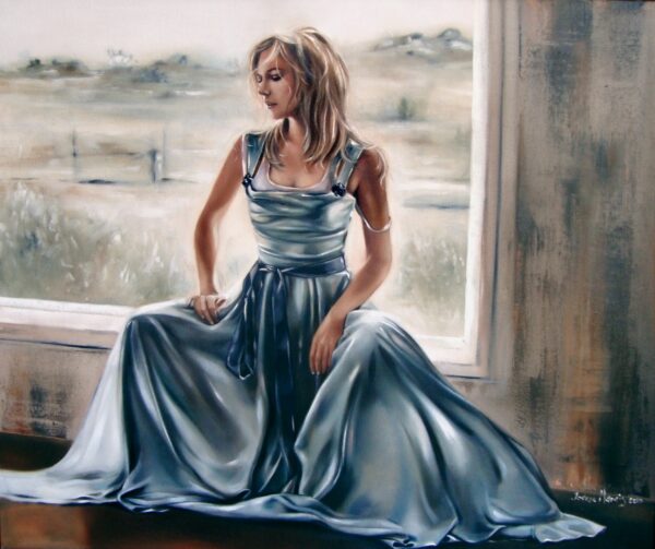 Silverjade - Giclée print of oil painting of a woman in a flowing, pale blue gown sitting gracefully by a large window, gazing outside. The soft lighting and serene landscape create a calm, reflective mood
