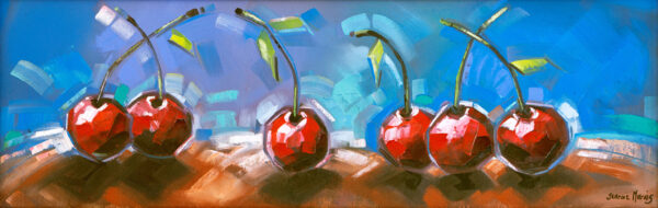 Six Cherries - Giclée print of a painting of six cherries with long stems and subtle leaves, on a brown surface against a vibrant blue and green background. Bold brushstrokes create a lively, dynamic feel