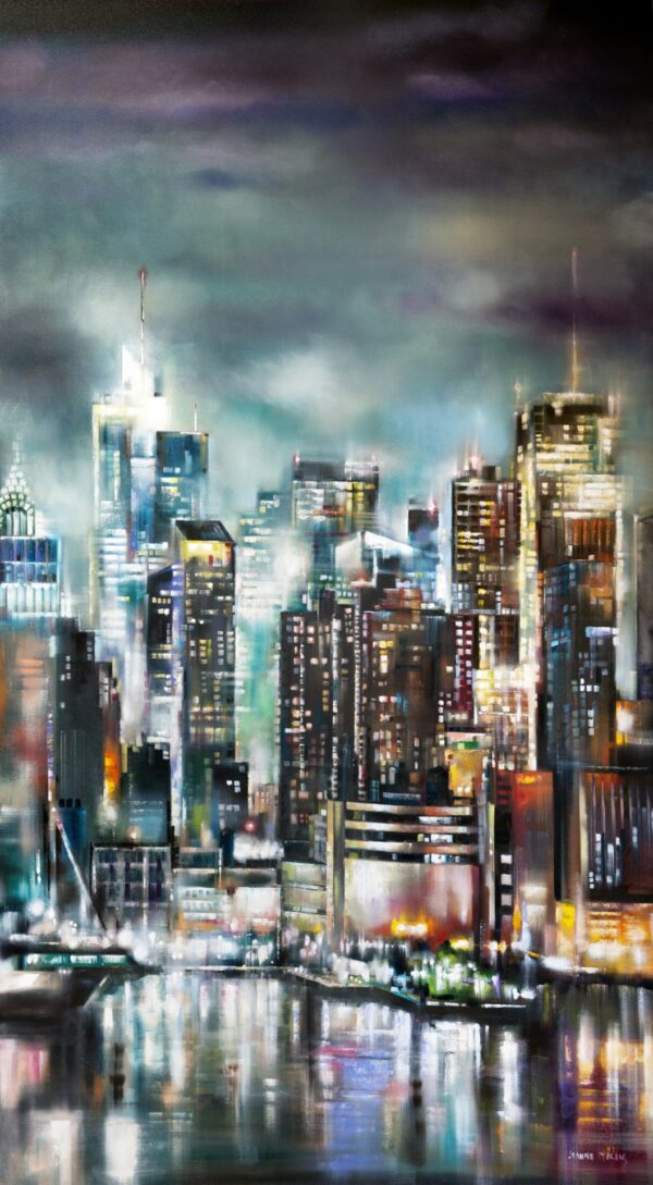 Sky-high - Giclée print of oil painting of a vibrant cityscape showcasing a lively skyline at night. Tall buildings with glowing windows and reflections shimmer on a calm river below