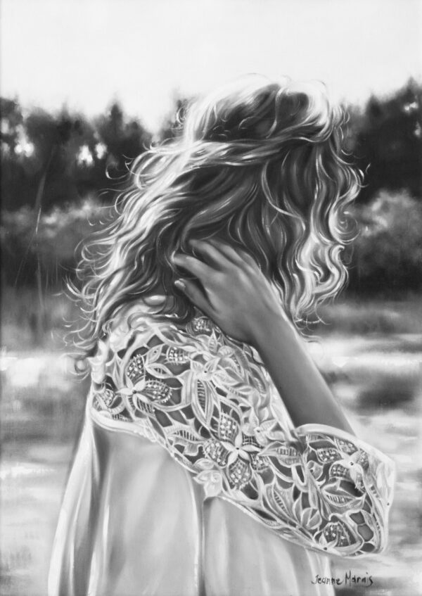 Soft Touch - Giclée print of black and white oil painting of a woman with wavy hair standing outdoors, her back to the camera. She wears a lace-covered garment. The background is blurred, conveying a serene mood