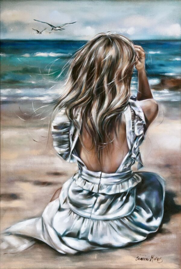 Solitude - Giclée print of oil painting of a woman with long, wavy hair sitting on a beach facing the sea, wearing a white dress, evoking a serene and contemplative mood as seagulls fly above